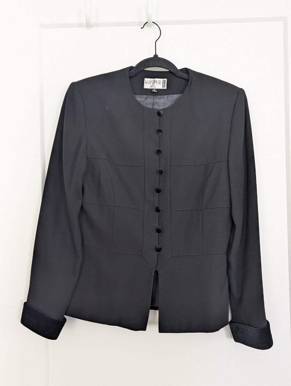 Vtg Kasper ASL Dress Blazer Jacket Sz6 Black Collarless Velvet Trim Cuffs